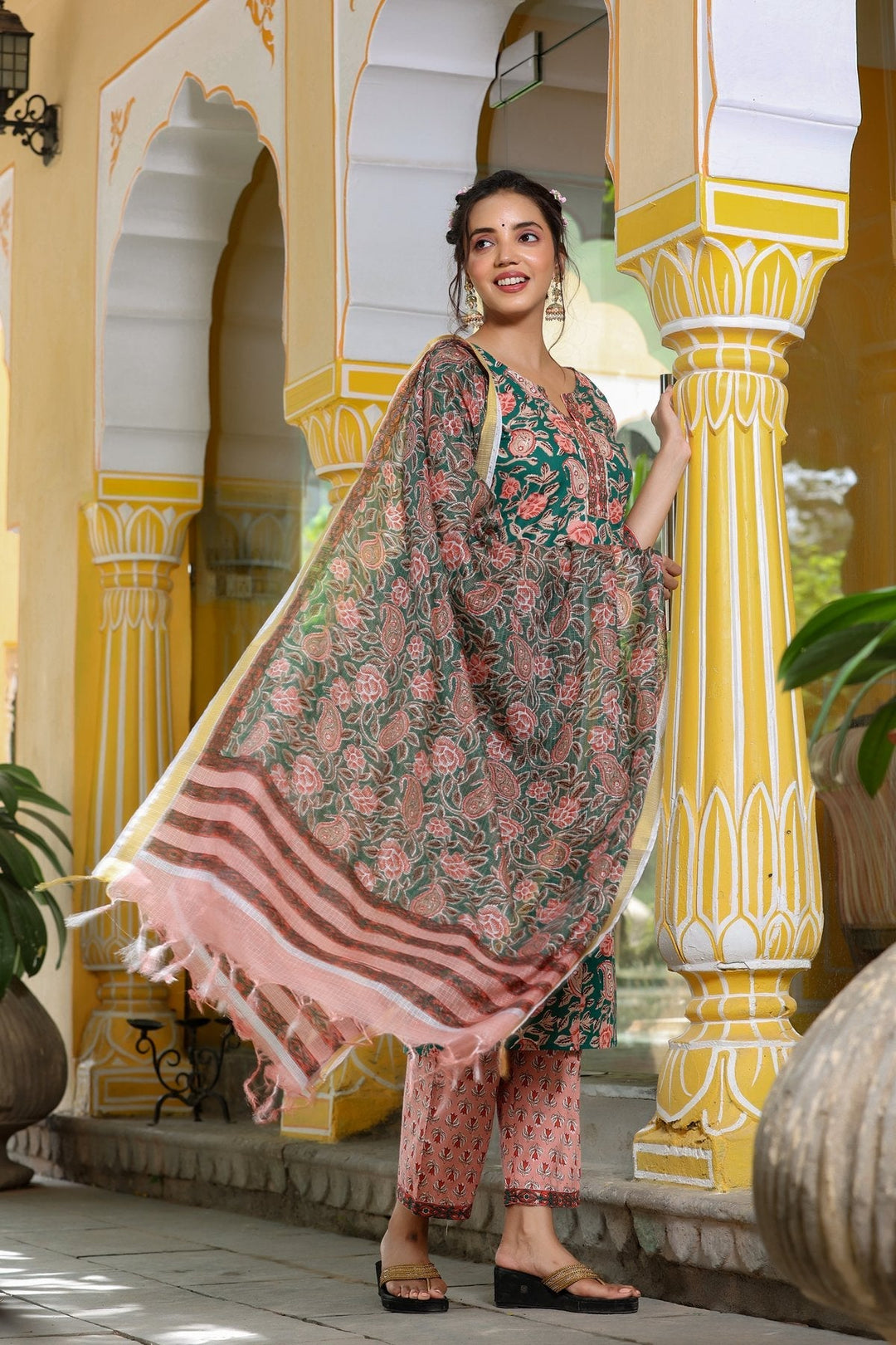 Green Printed Dupatta Set-Yufta Store-8084SKDGRS