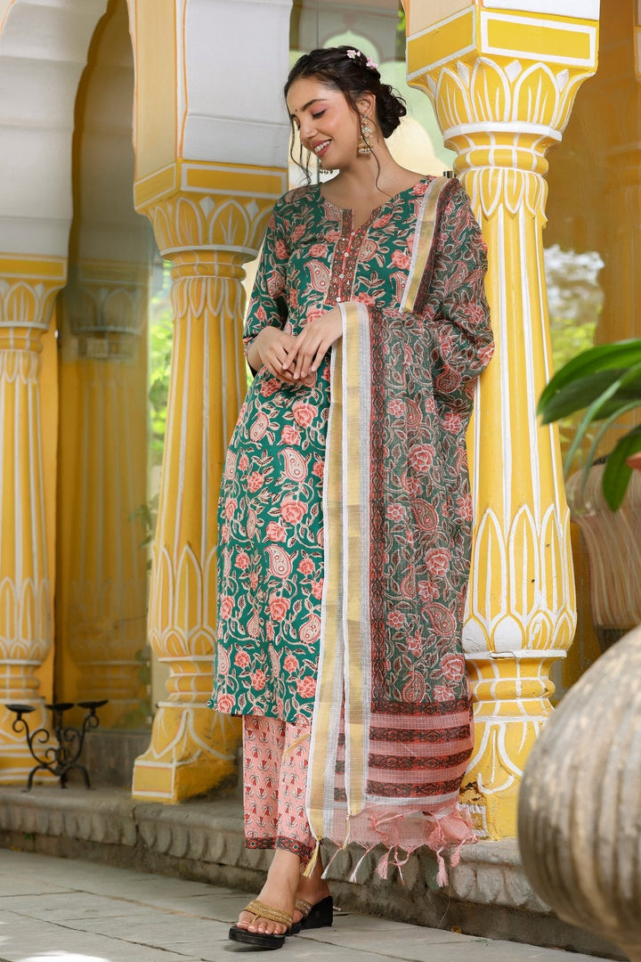 Green Printed Dupatta Set-Yufta Store-8084SKDGRS