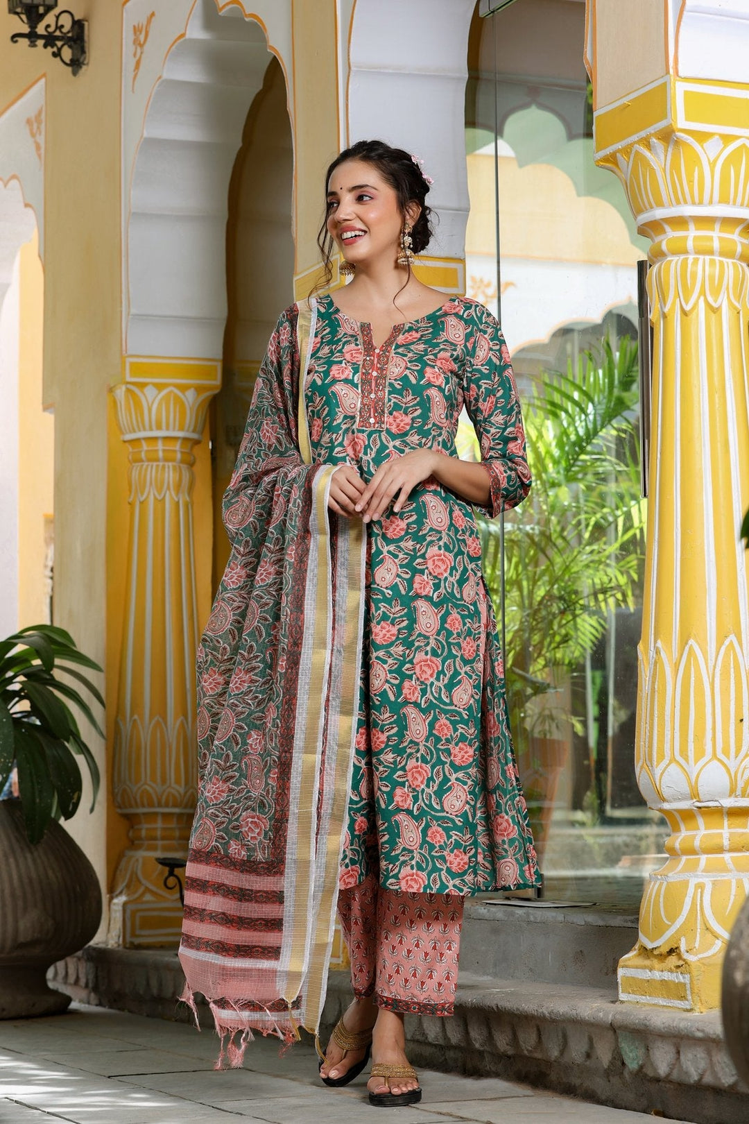 Green Printed Dupatta Set-Yufta Store-8084SKDGRS