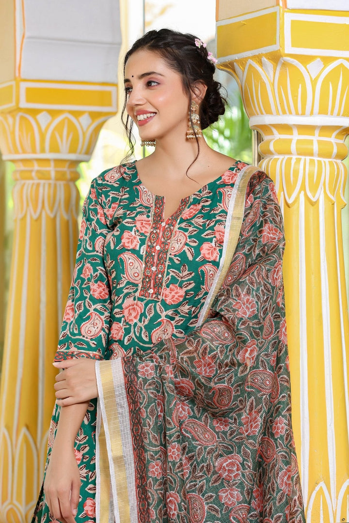 Green Printed Dupatta Set-Yufta Store-8084SKDGRS