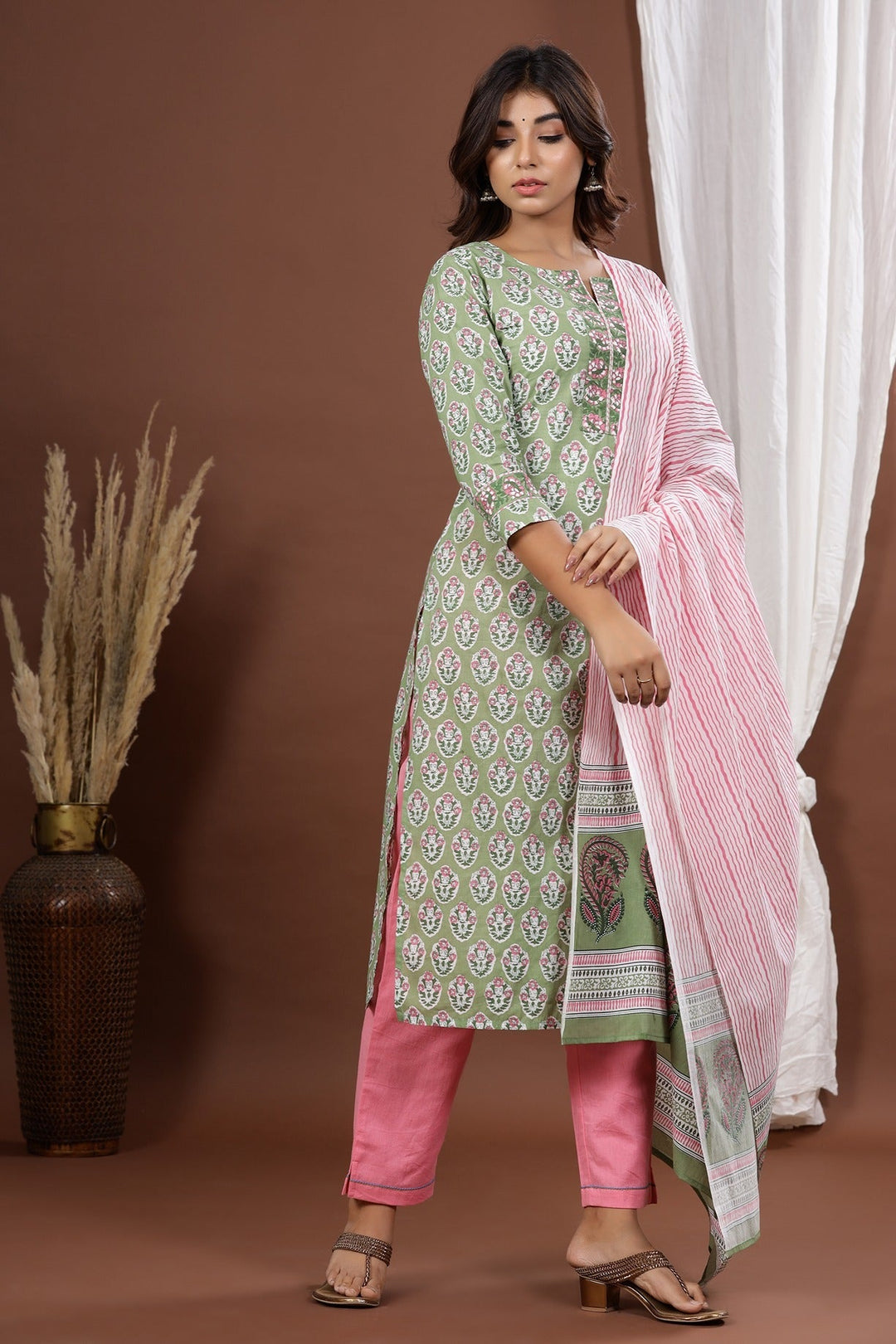 Green Printed Dupatta Set-Yufta Store-9024SKDGRS