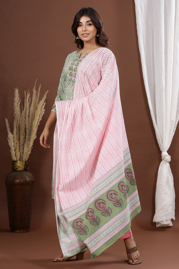 Green Printed Dupatta Set-Yufta Store-9024SKDGRS