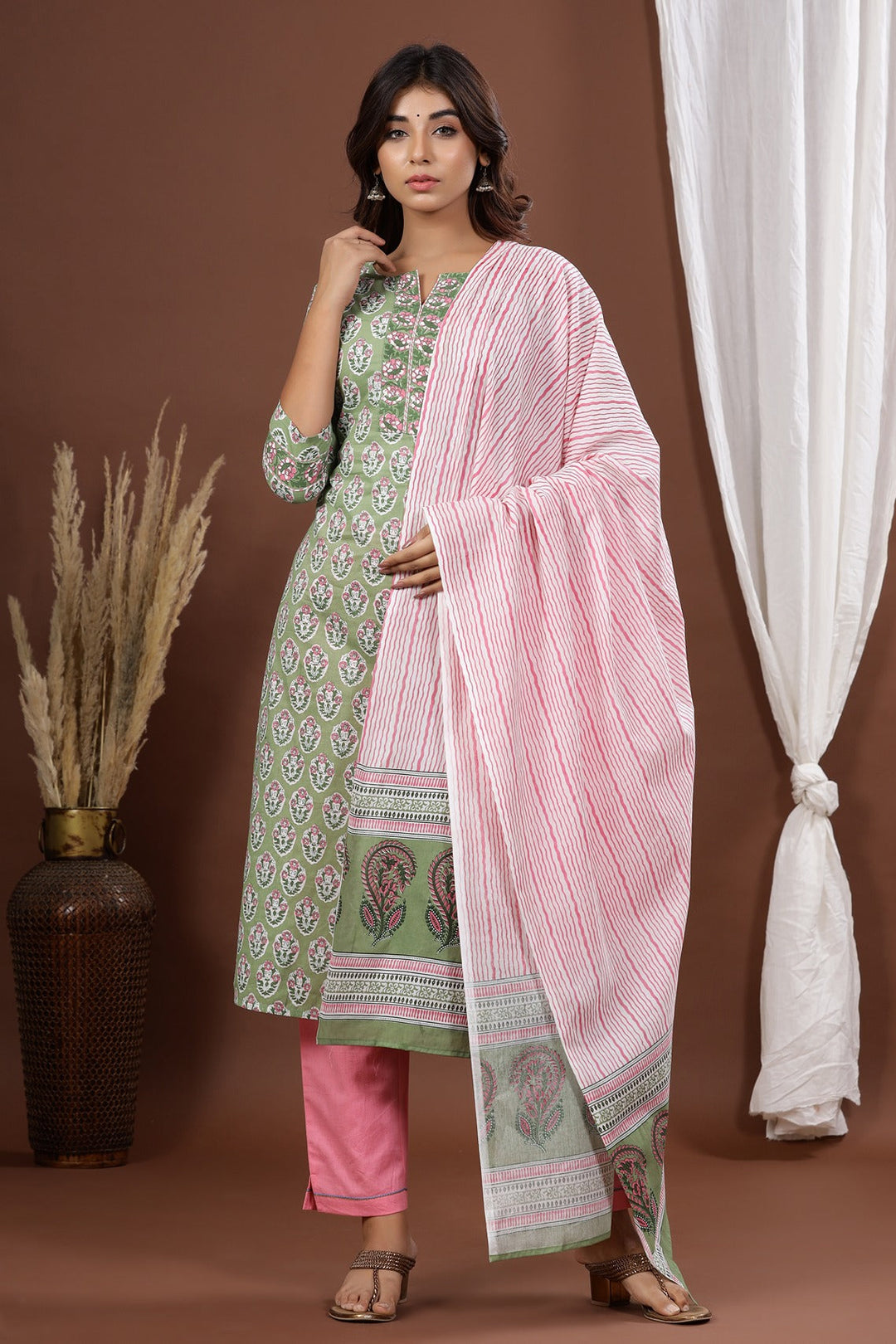 Green Printed Dupatta Set-Yufta Store-9024SKDGRS