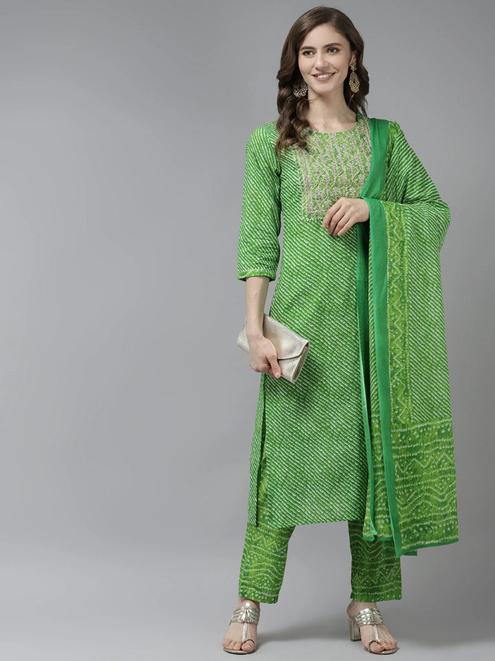 Green Printed Dupatta Set-Yufta Store-9817SKDGRS