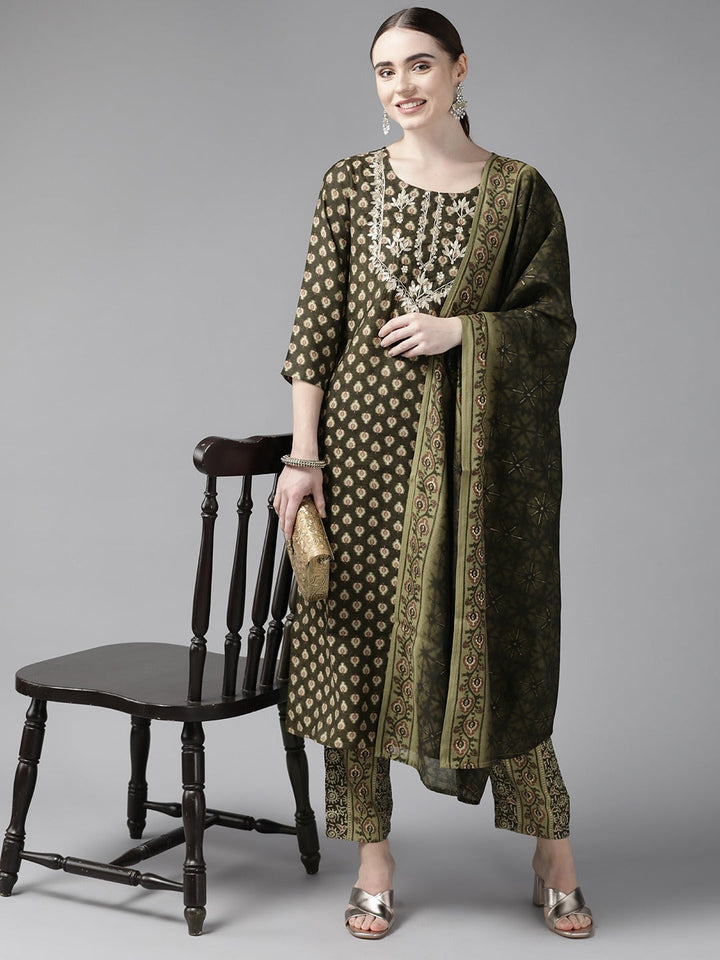 Green Printed Dupatta Set-Yufta Store-9944SKDGRS