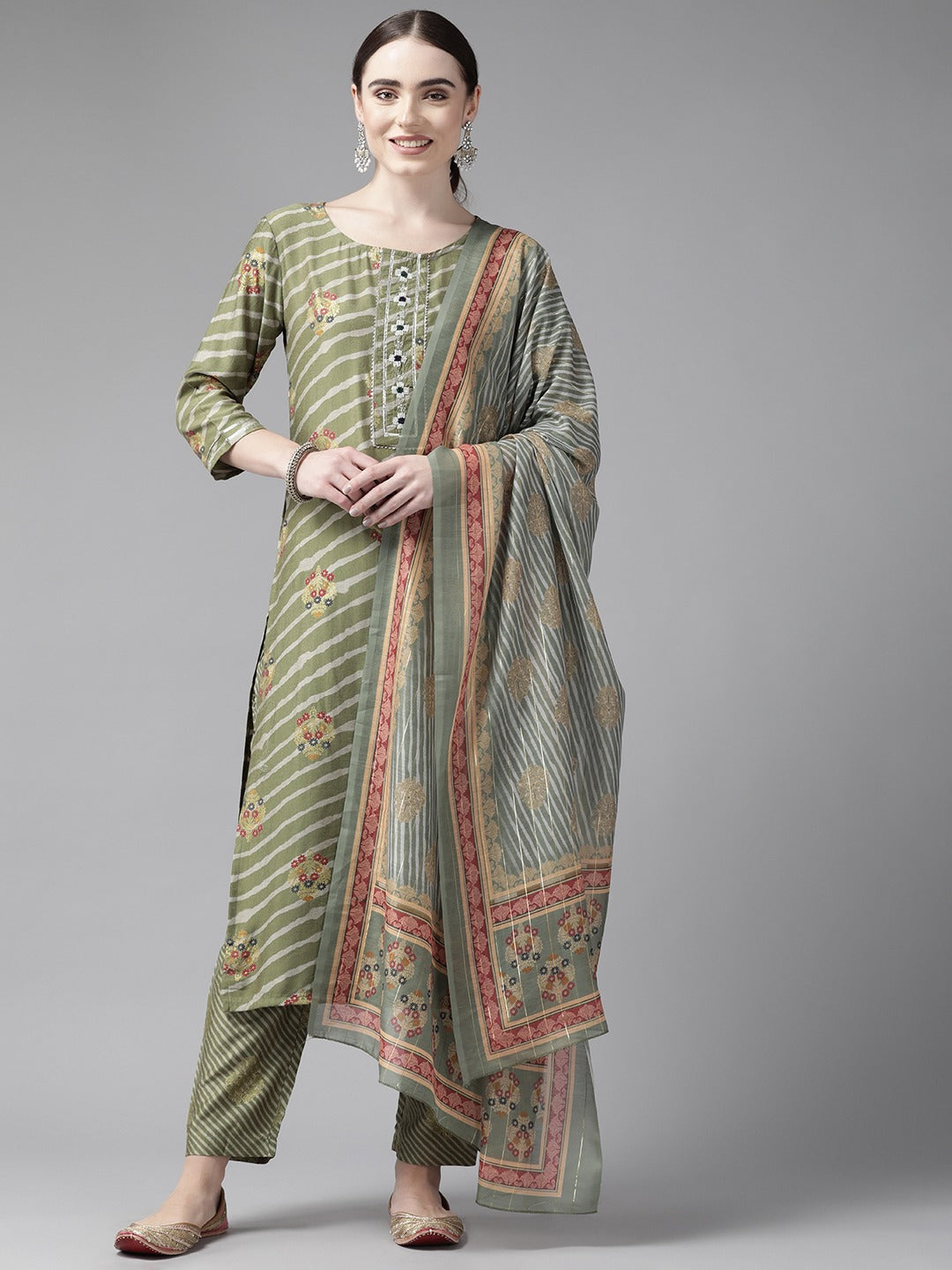 Green Printed Dupatta Set-Yufta Store-9977SKDGRS