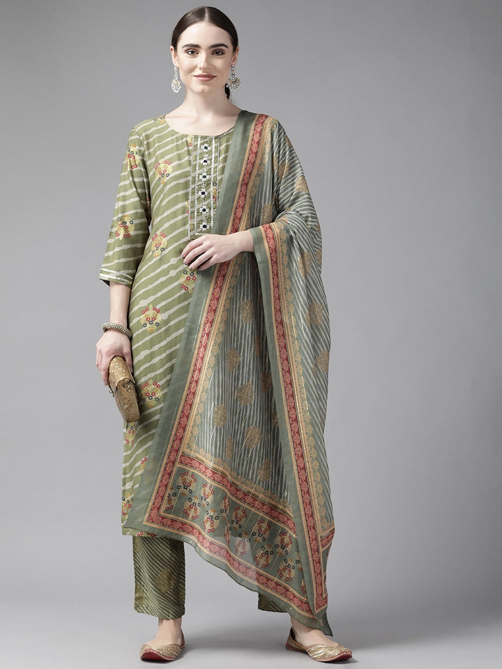 Green Printed Dupatta Set-Yufta Store-9977SKDGRS