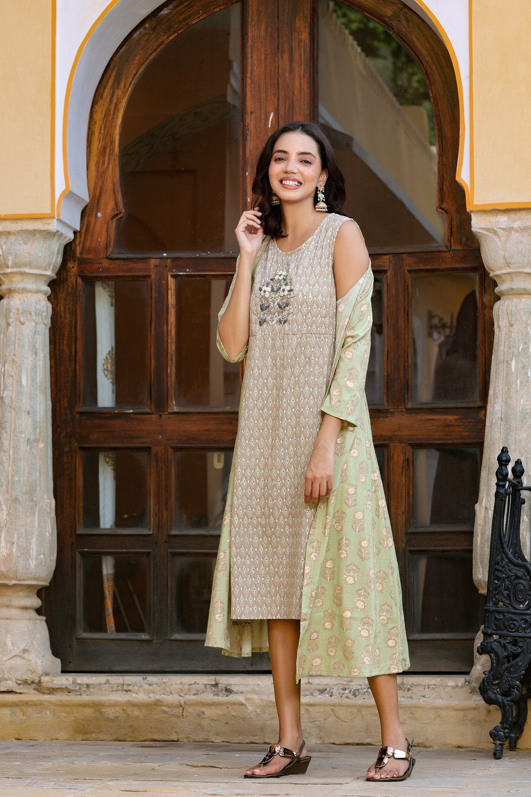 Green Printed & Embroidered Dress-Yufta Store-4602DRSGRS