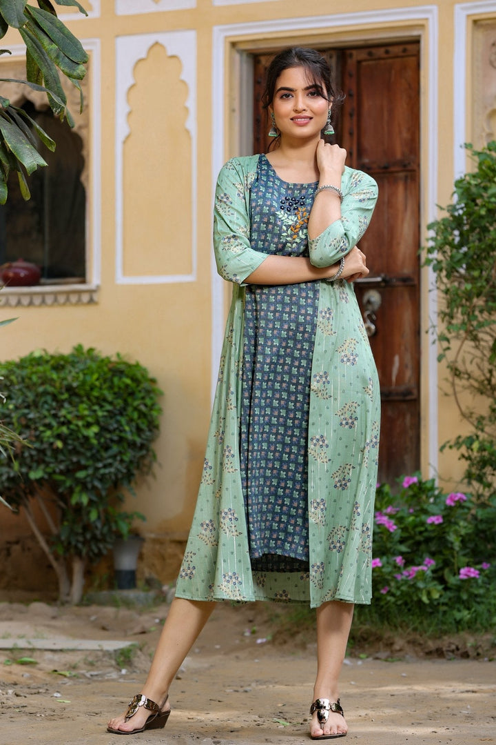 Green Printed & Embroidered Dress-Yufta Store-4603DRSGRM