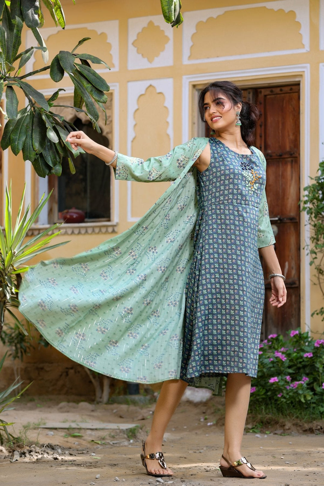 Green Printed & Embroidered Dress-Yufta Store-4603DRSGRM