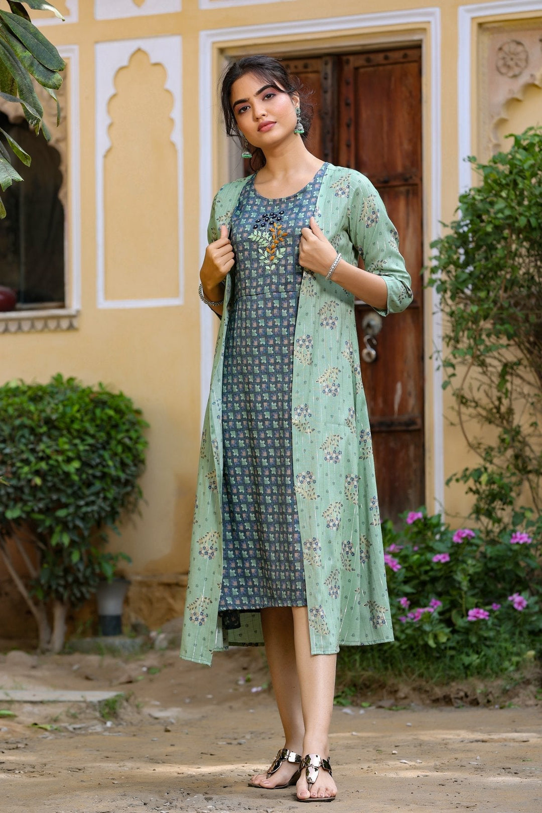 Green Printed & Embroidered Dress-Yufta Store-4603DRSGRM