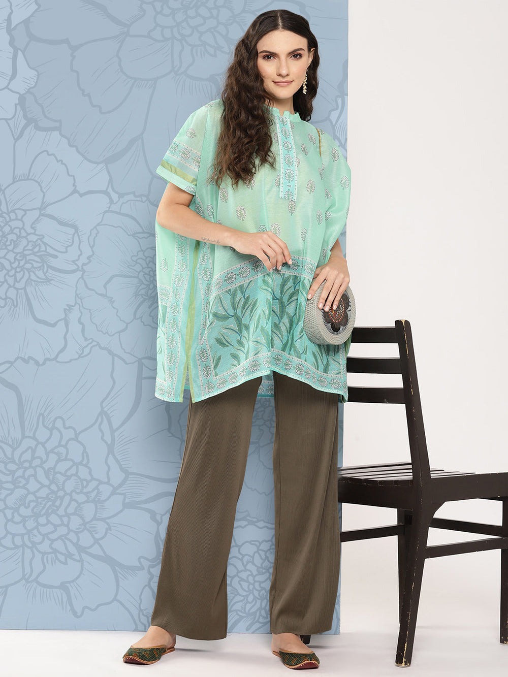 Green Printed Ethnic Chanderi Cotton Kaftan Longline Top