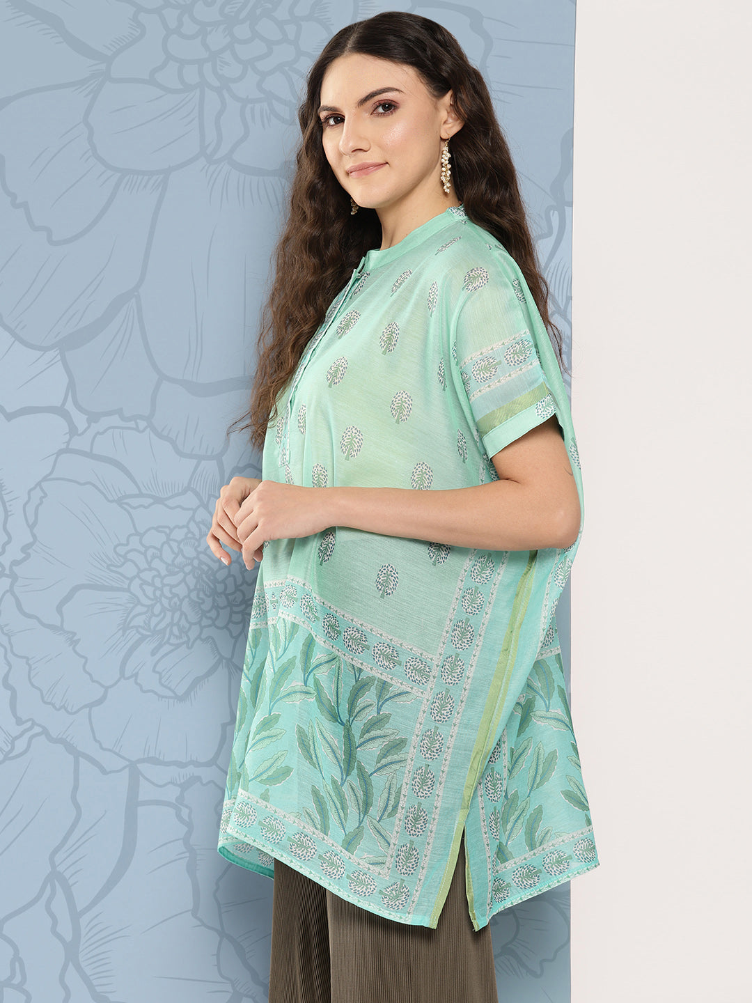 Green Printed Ethnic Chanderi Cotton Kaftan Longline Top-Yufta Store-1410TOPGR