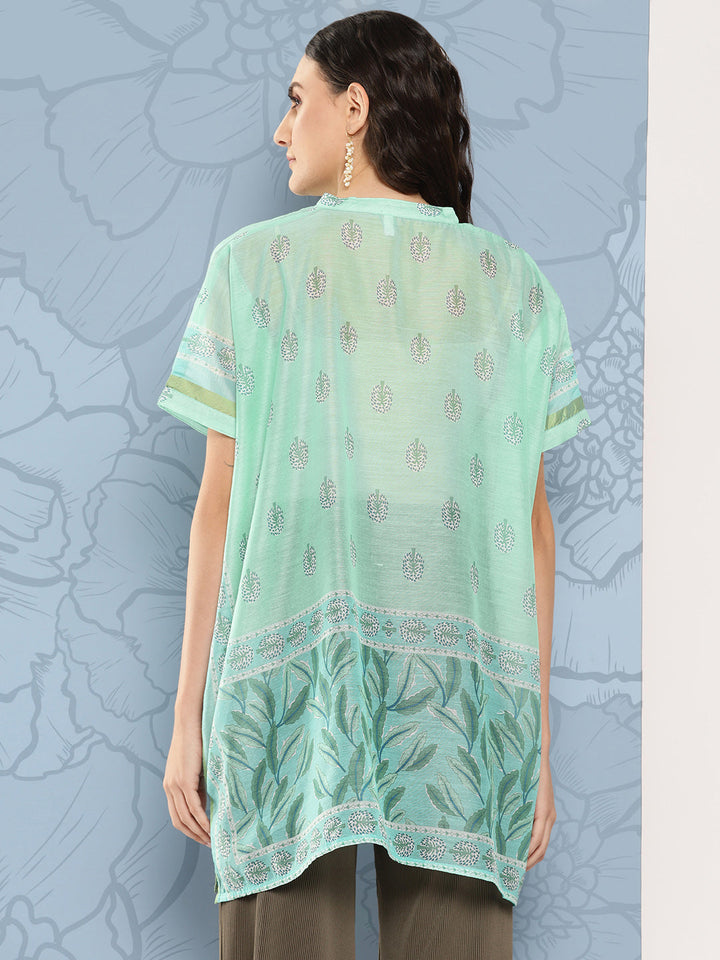 Green Printed Ethnic Chanderi Cotton Kaftan Longline Top-Yufta Store-1410TOPGR