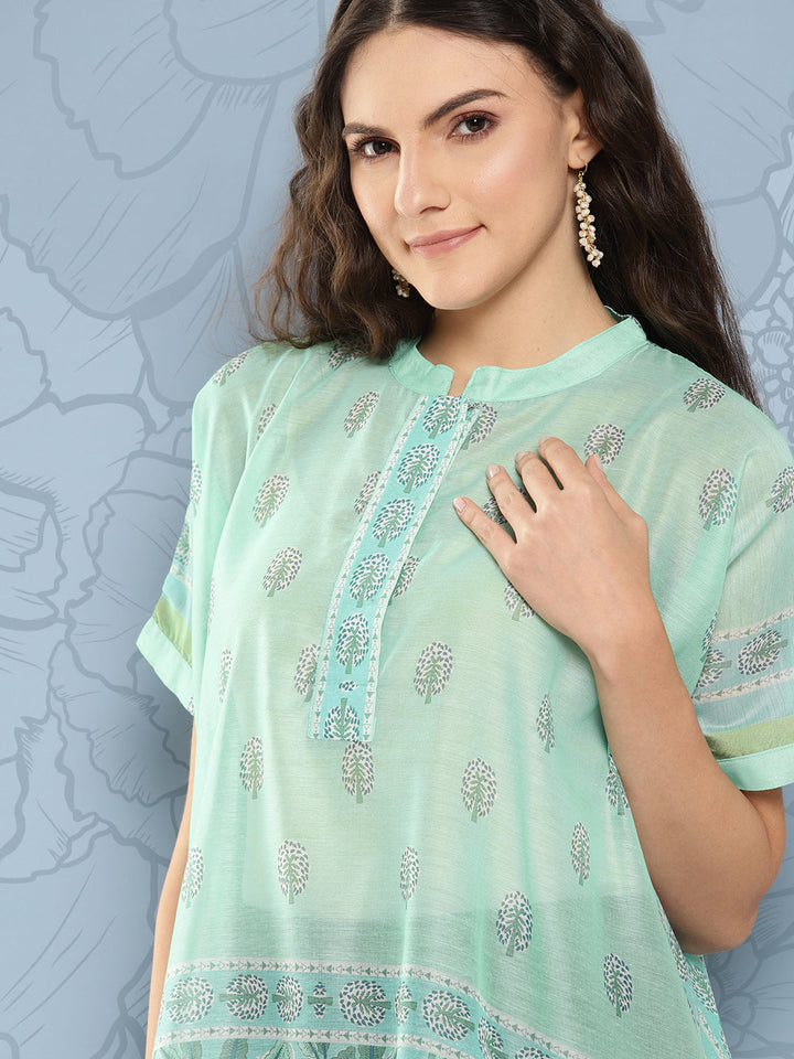 Green Printed Ethnic Chanderi Cotton Kaftan Longline Top-Yufta Store-1410TOPGR