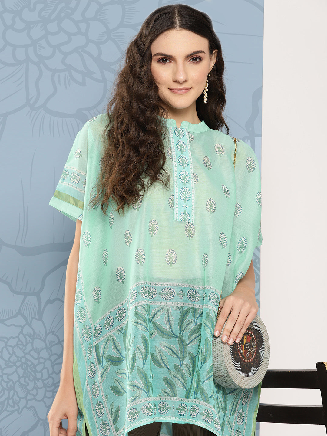 Green Printed Ethnic Chanderi Cotton Kaftan Longline Top-Yufta Store-1410TOPGR