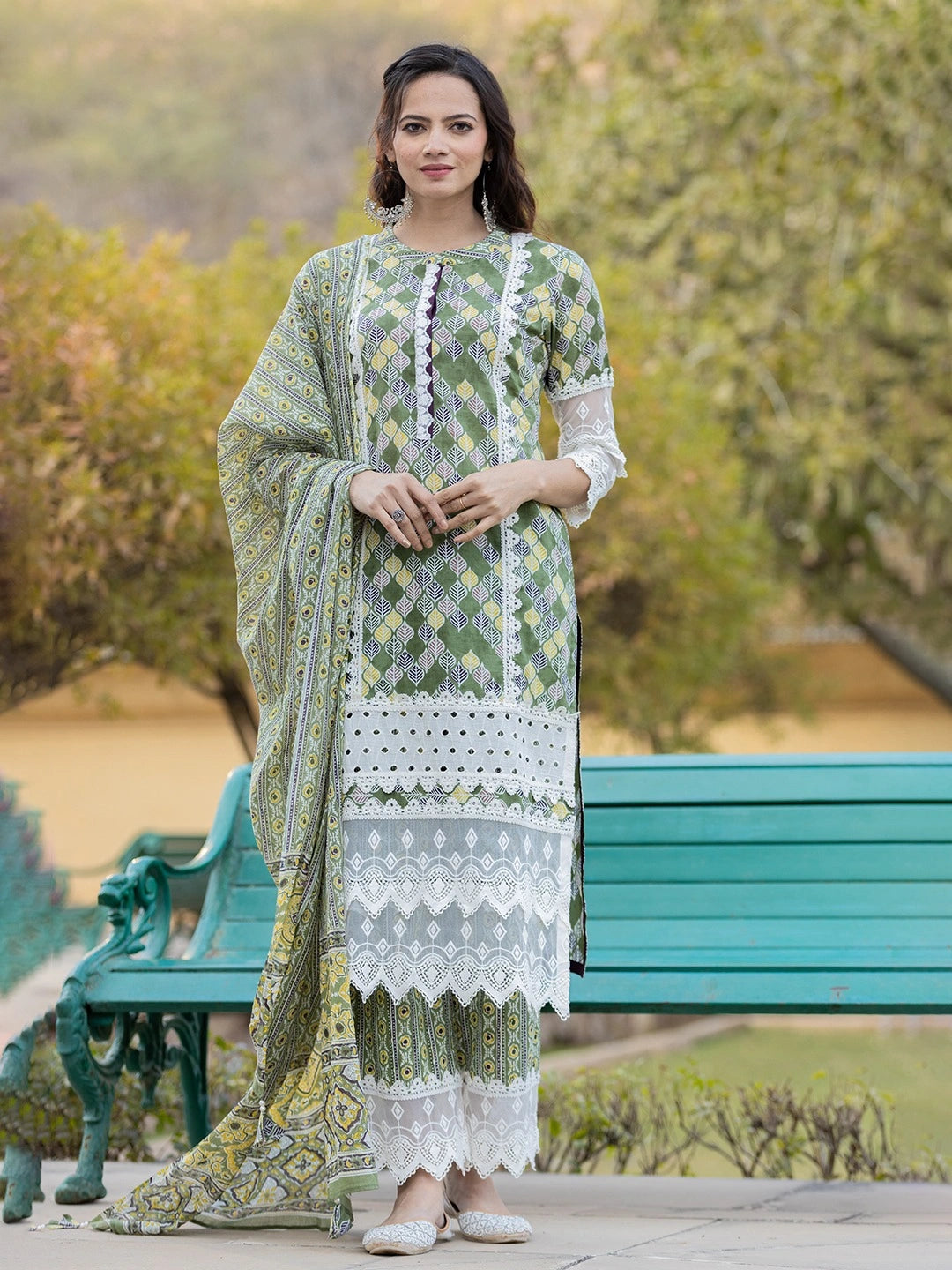 Green Printed Kurta Dupatta Set-Yufta Store-6803SKDGRS