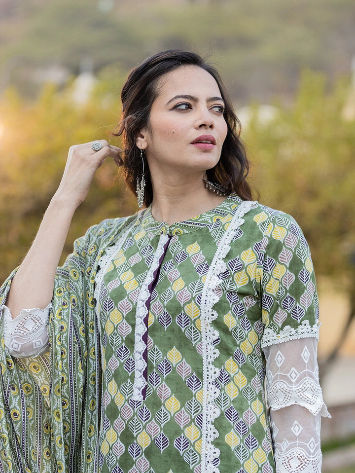 Green Printed Kurta Dupatta Set-Yufta Store-6803SKDGRS