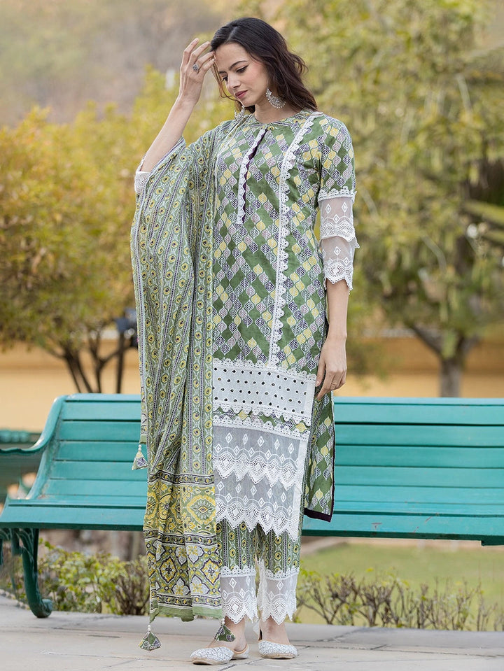 Green Printed Kurta Dupatta Set-Yufta Store-6803SKDGRS