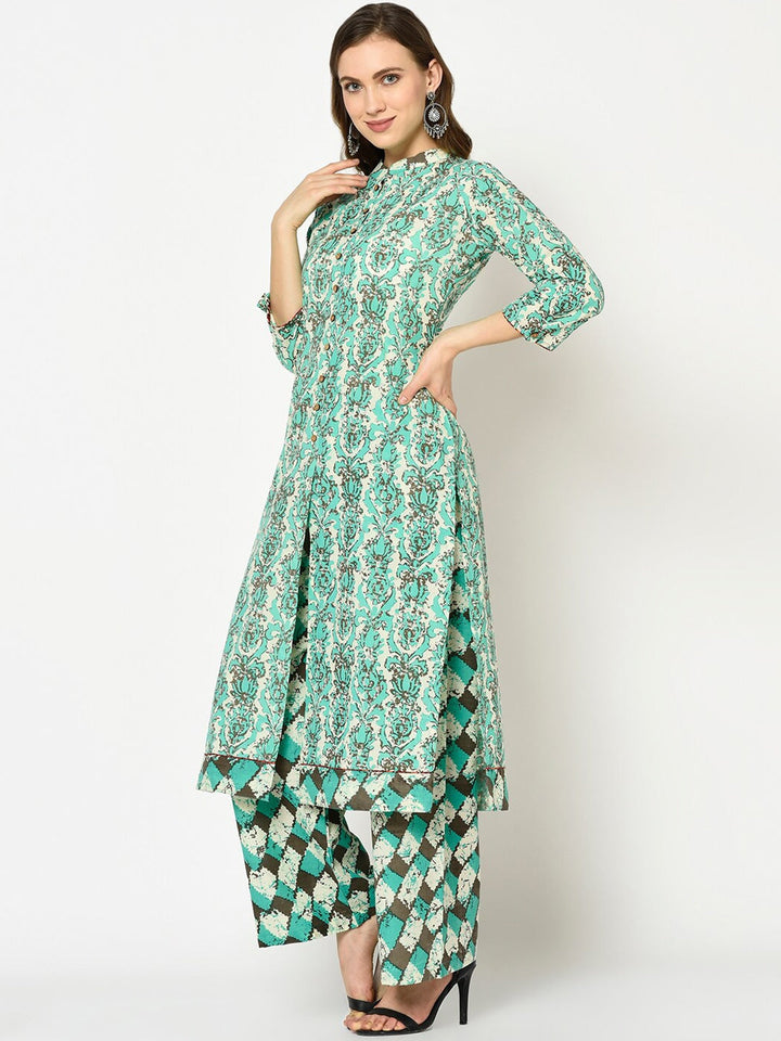 Green Printed Kurta Set-Yufta Store-7621SETGRS