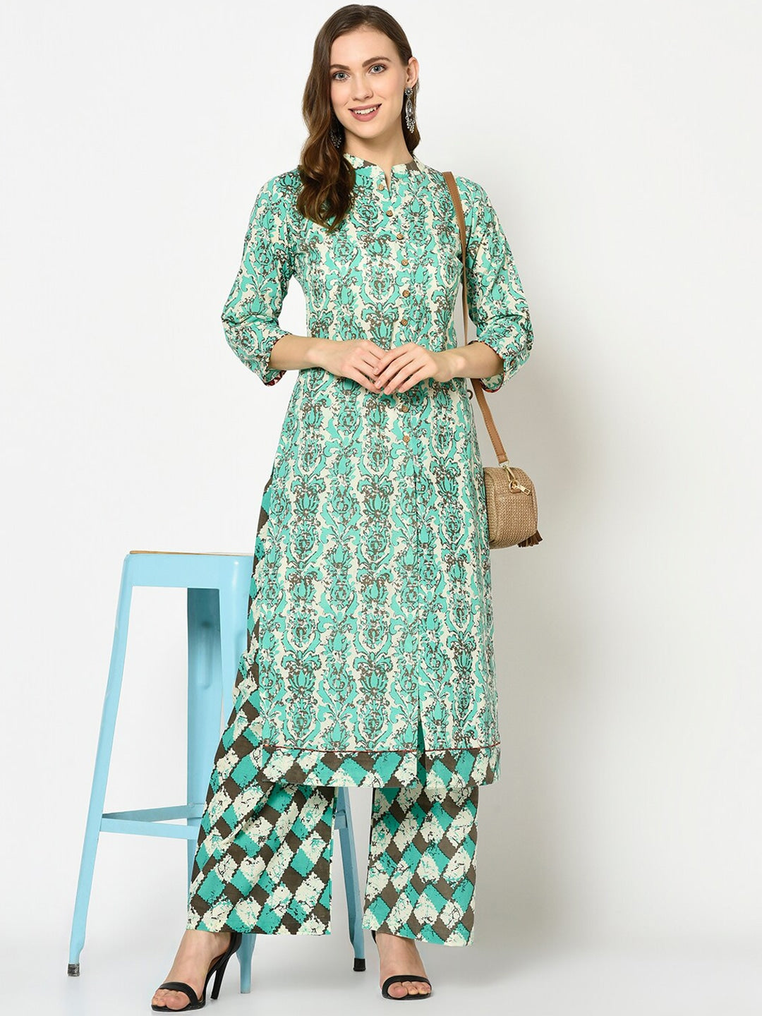 Green Printed Kurta Set-Yufta Store-7621SETGRS