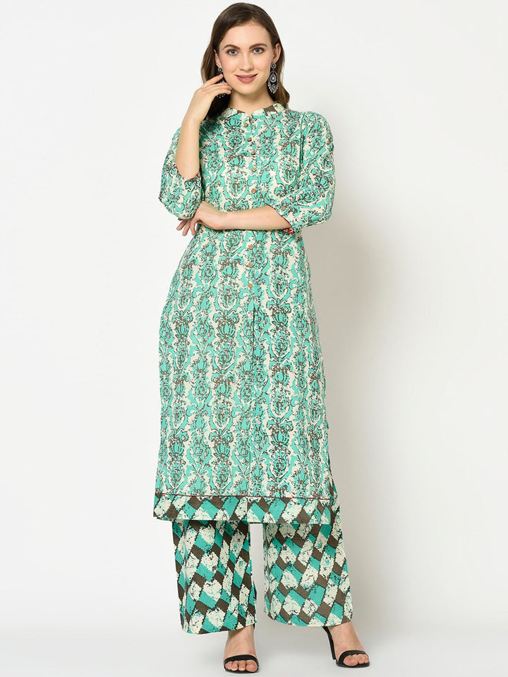 Green Printed Kurta Set-Yufta Store-7621SETGRS