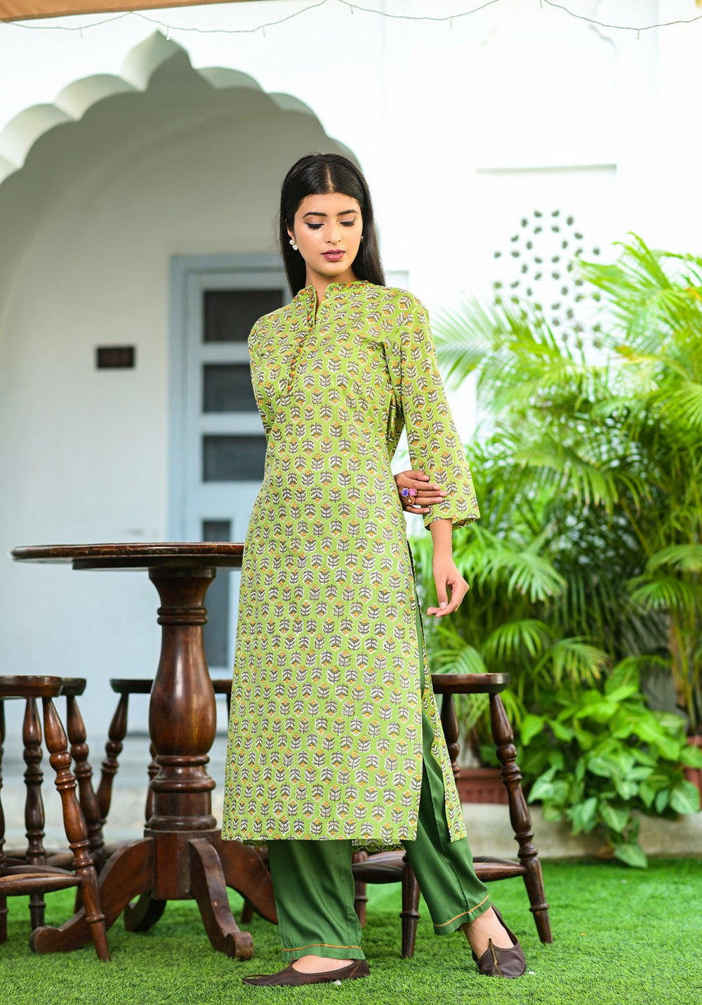 Green Printed Kurta Set-Yufta Store-9021SETGRM