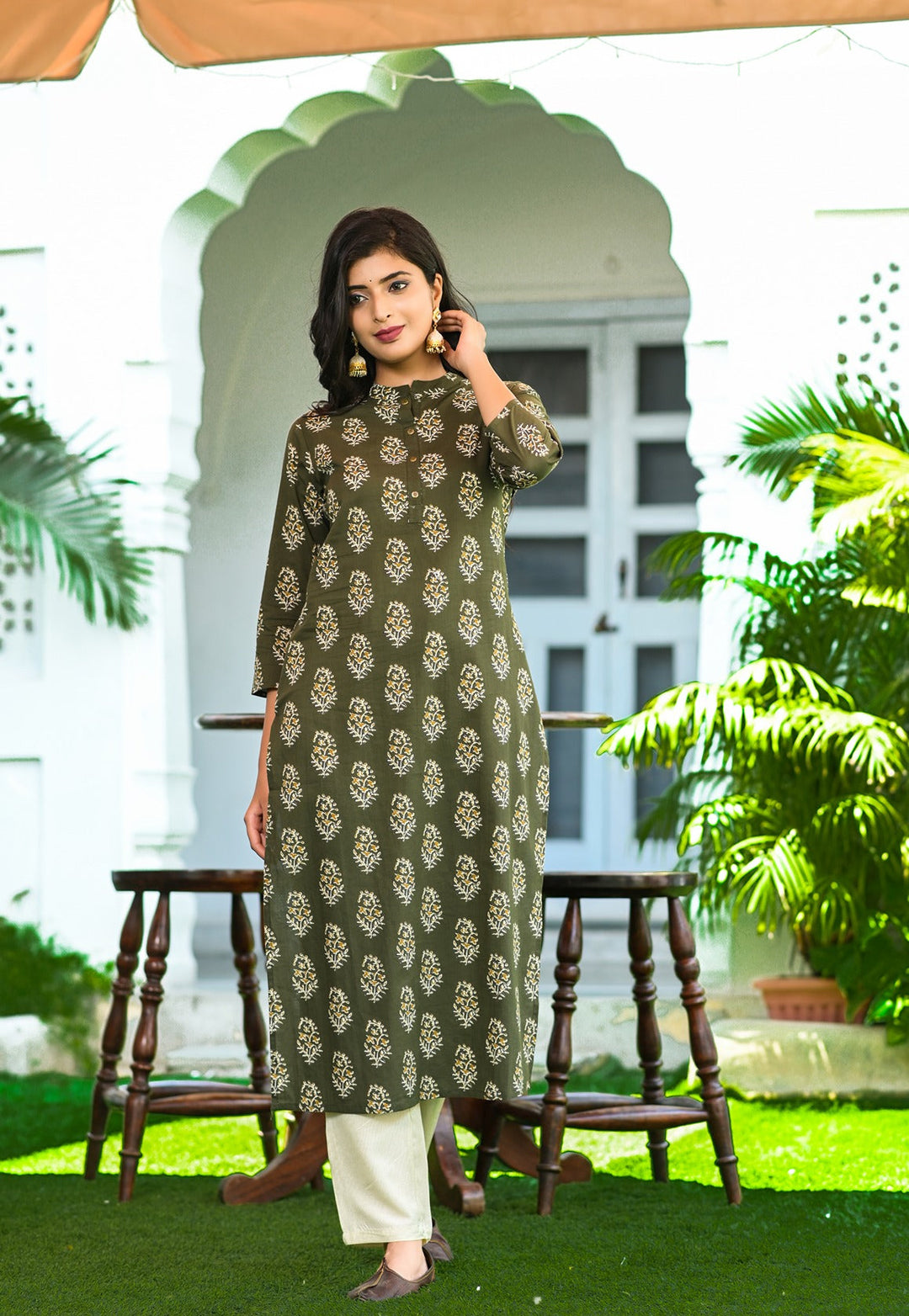 Green Printed Kurta Set-Yufta Store-9204SETGRXS