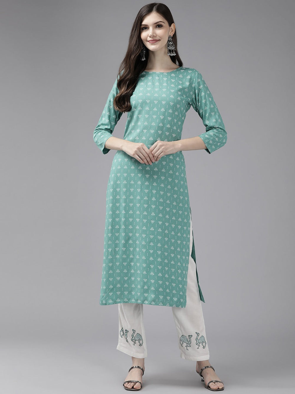 Green Printed Kurta Set-Yufta Store-9831SETSGS