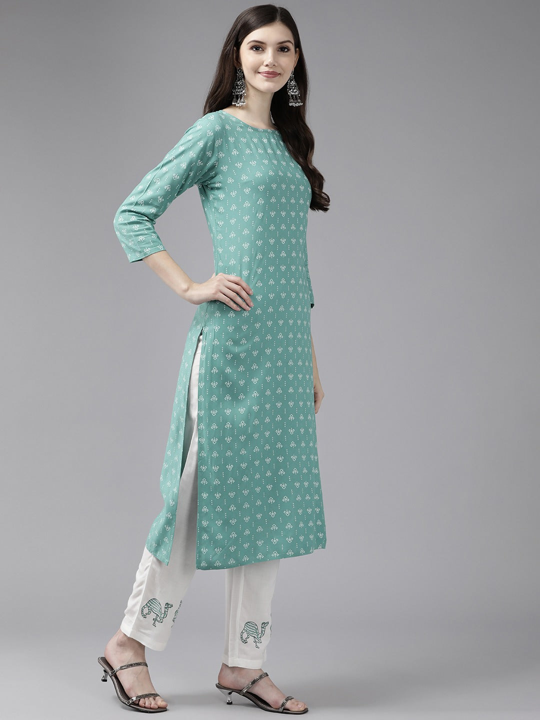 Green Printed Kurta Set-Yufta Store-9831SETSGS