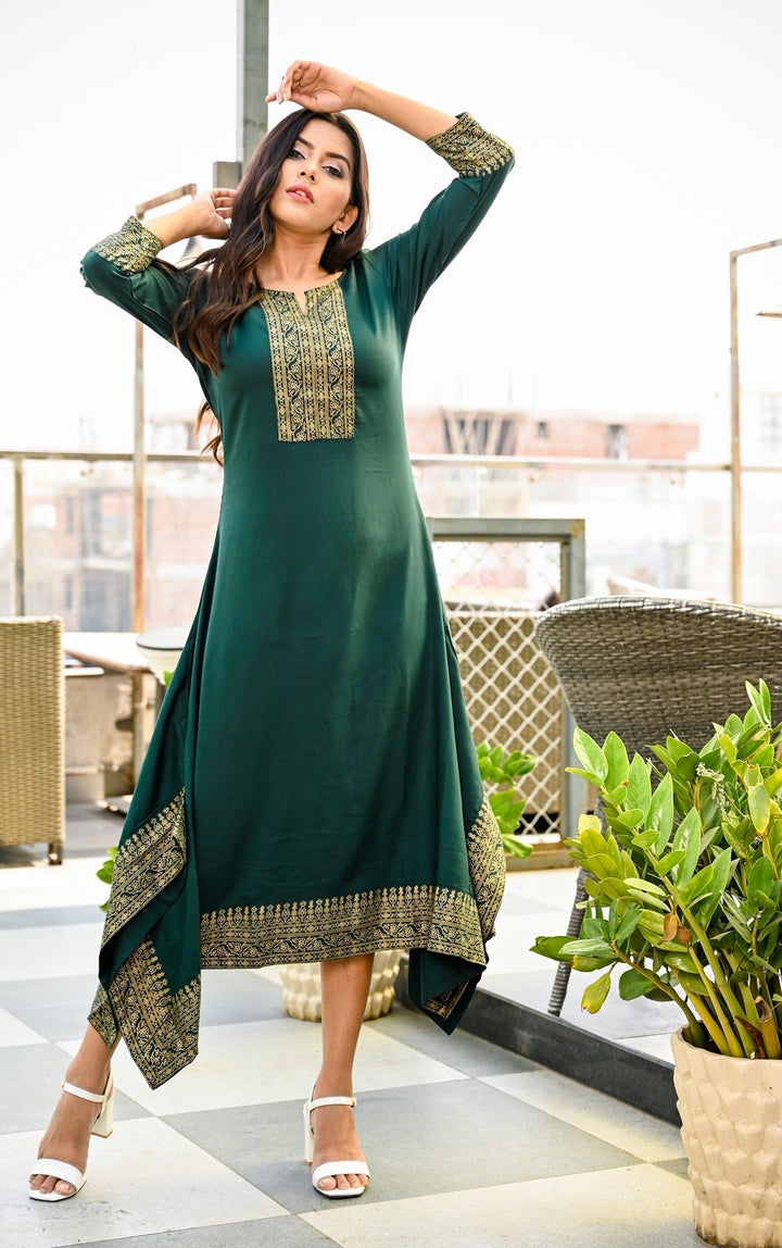 Green Printed Kurta-Yufta Store-7748KURGRS