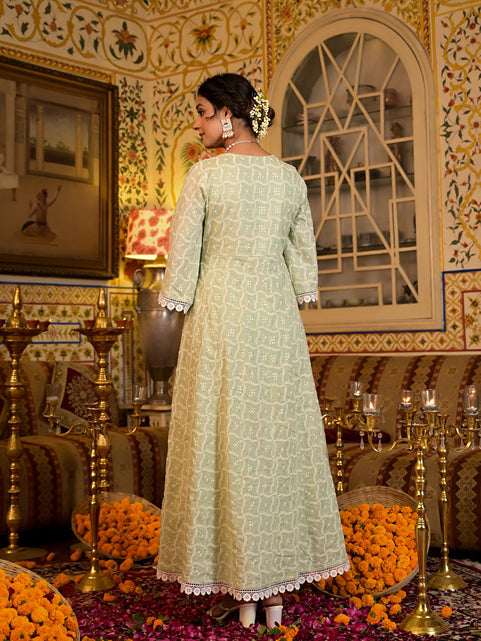Green Pure Cotton Angrakha Anarkali Kurta Trouser With Dupatta Set-Yufta Store-1550SKDGRS