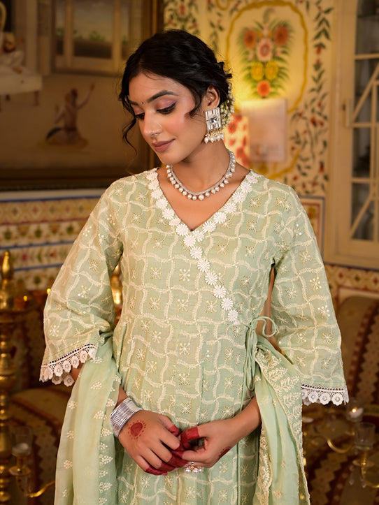 Green Pure Cotton Angrakha Anarkali Kurta Trouser With Dupatta Set-Yufta Store-1550SKDGRS