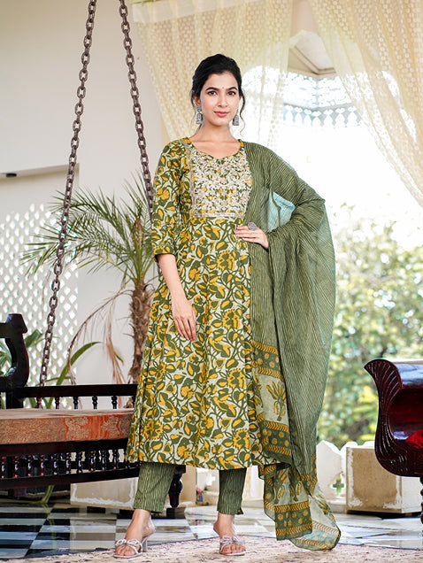 Green Pure Cotton Foli Print Straight Kurta Trouser And Dupatta Set-Yufta Store-1377SKDGRS