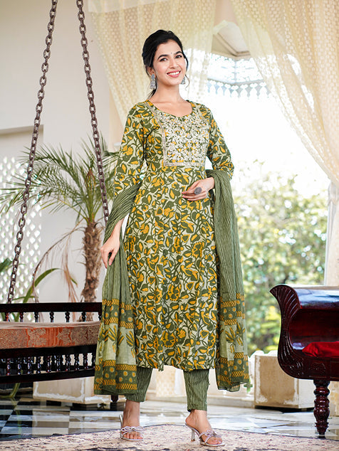 Green Pure Cotton Foli Print Straight Kurta Trouser And Dupatta Set-Yufta Store-1377SKDGRS