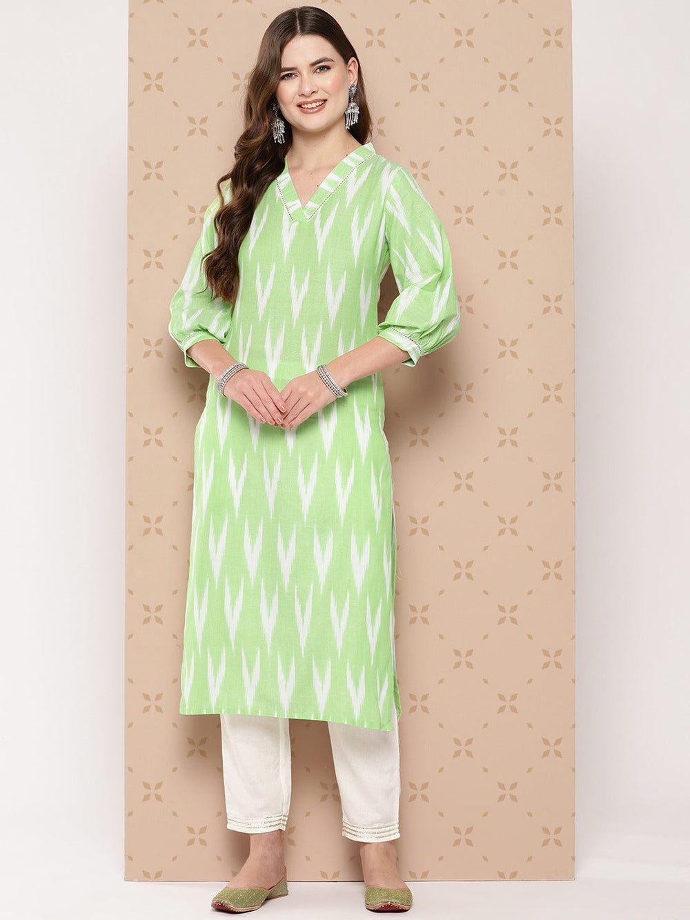 Green Pure Cotton Ikat Print Kurta