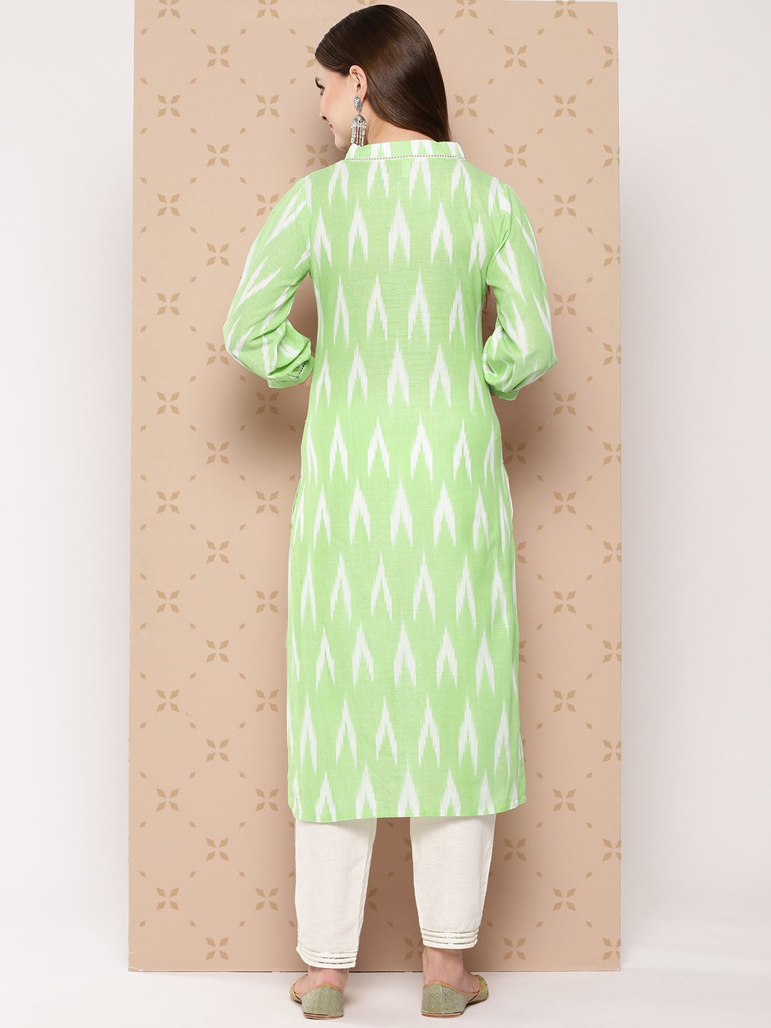 Green Pure Cotton Ikat Print Kurta-Yufta Store-1601KURGRS