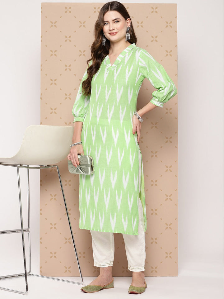 Green Pure Cotton Ikat Print Kurta