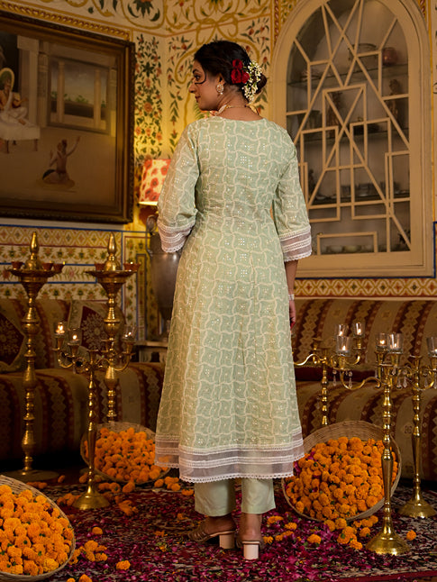 Green Pure Cotton Sequins Work Anarkali Kurta Trouser With Dupatta Set-Yufta Store-1547SKDGRS