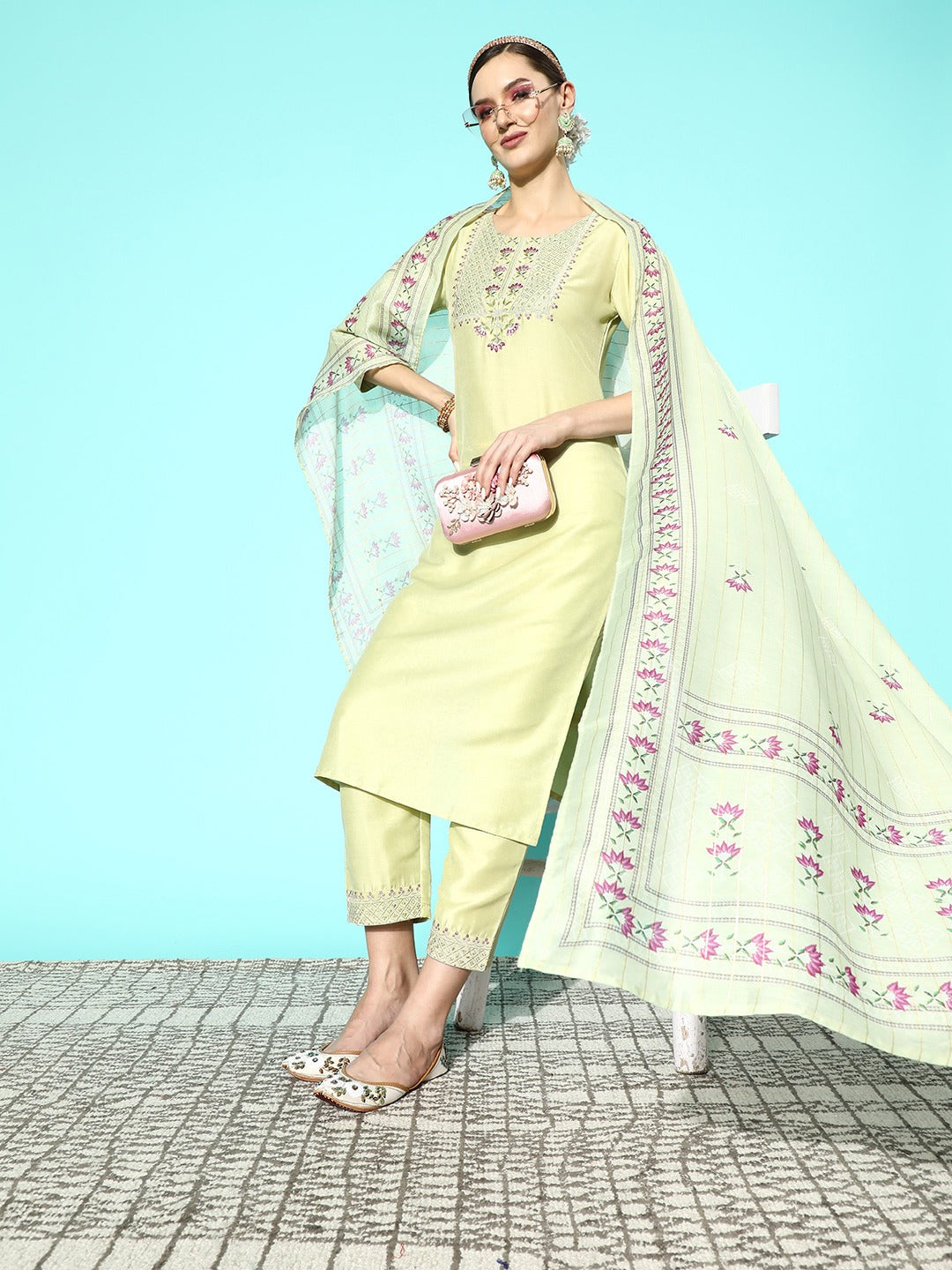 Green Sequinned Kurta Dupatta Set-Yufta Store-9926SKDGRS