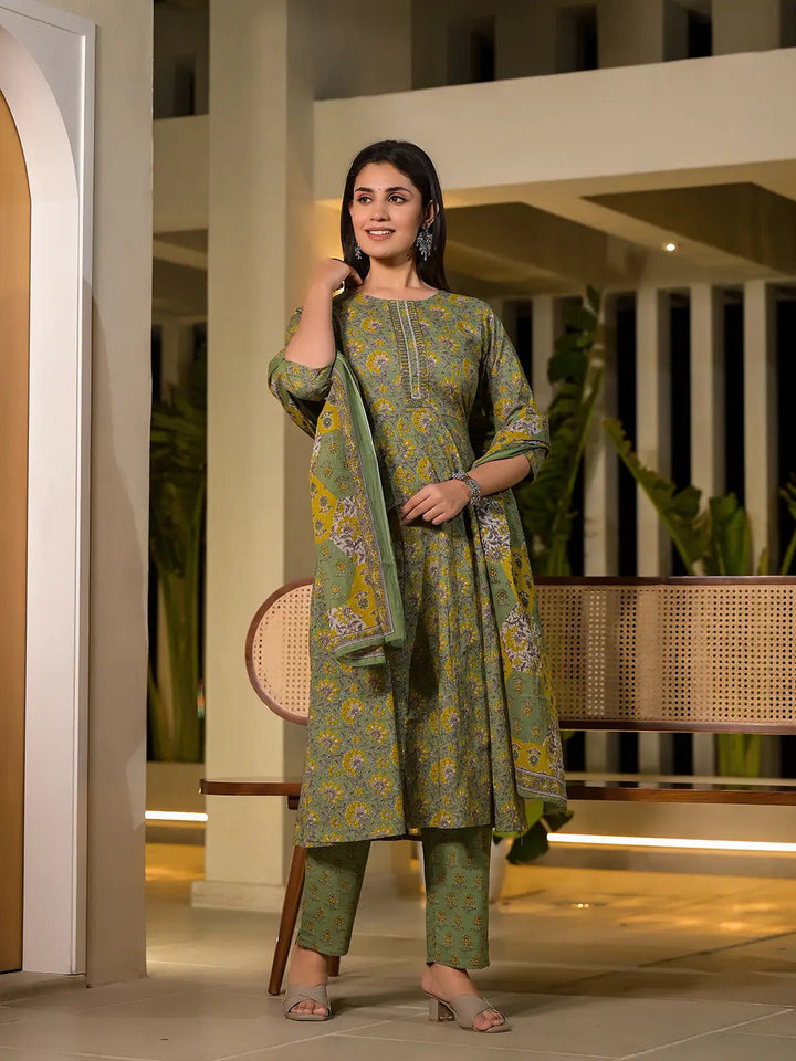 Green Thread Work Cotton Anarkali Style Kurta And Trousers With Dupatta Set-Yufta Store-6902SKDGRS