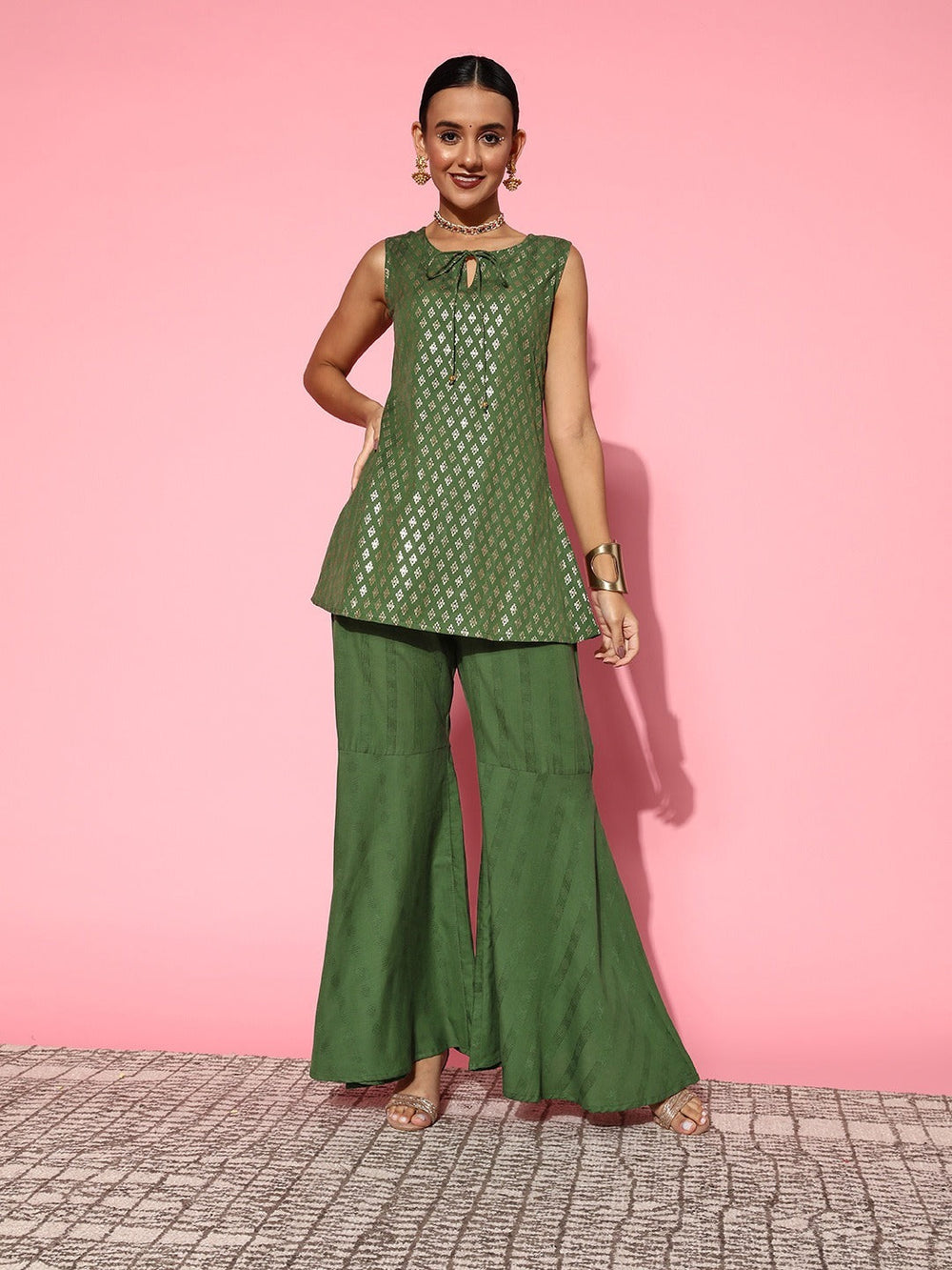Green Top With Palazzos-Yufta Store-8145CRDGRXS