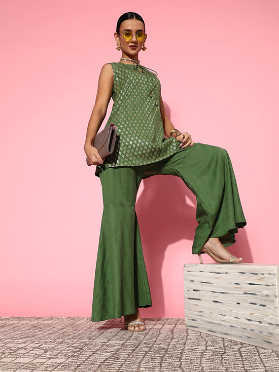 Green Top With Palazzos-Yufta Store-8145CRDGRXS