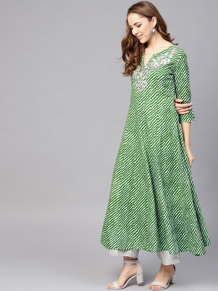 Green & White Leheriya Kurta-Yufta Store-YUFNKU1756GS