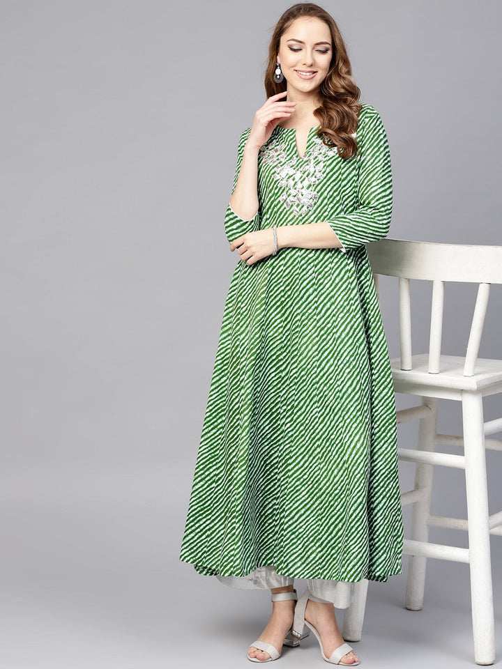 Green & White Leheriya Kurta-Yufta Store-YUFNKU1756GS