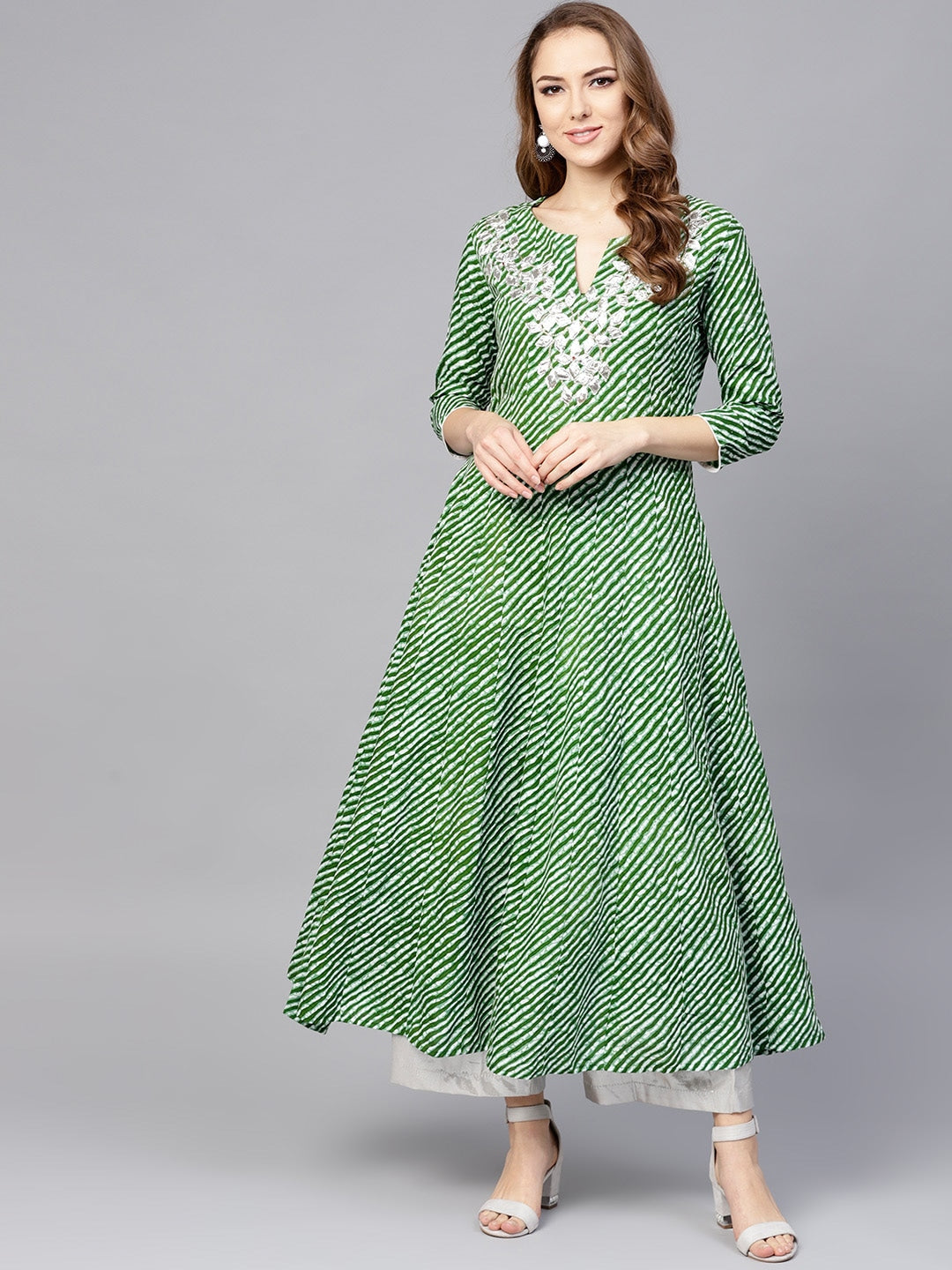 Green & White Leheriya Kurta-Yufta Store-YUFNKU1756GS