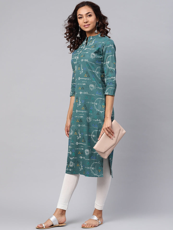 Green & White Printed Kurta-Yufta Store-YUFPJKU925S