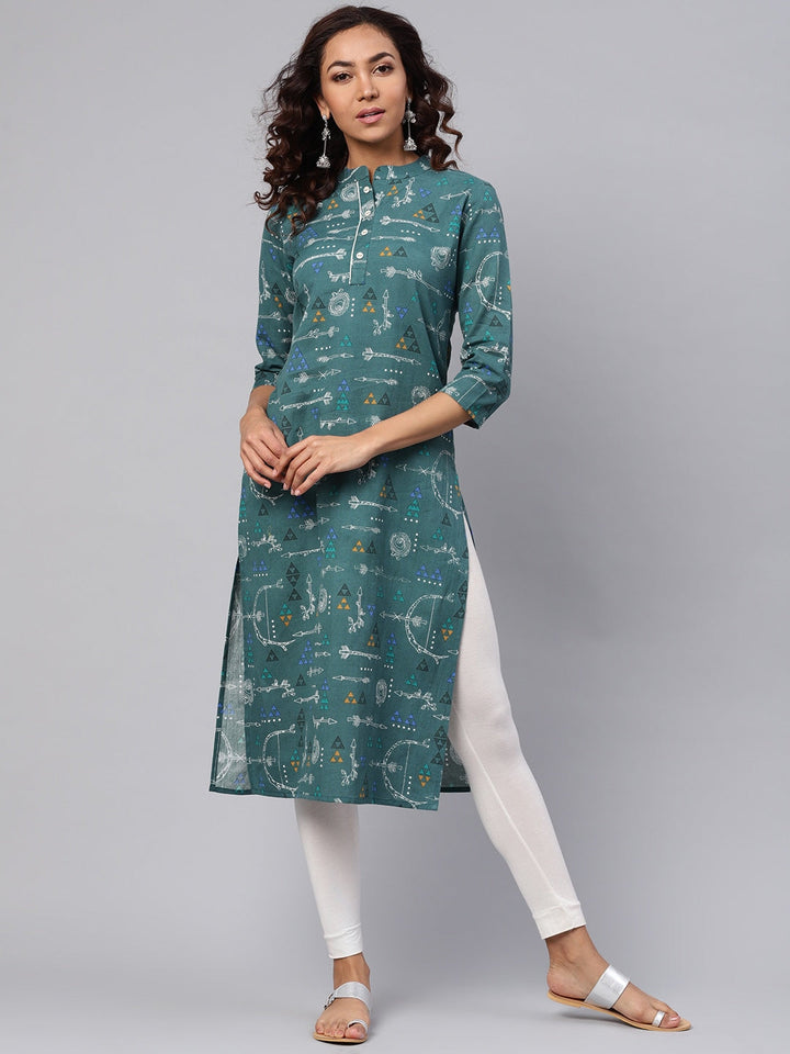 Green & White Printed Kurta-Yufta Store-YUFPJKU925S