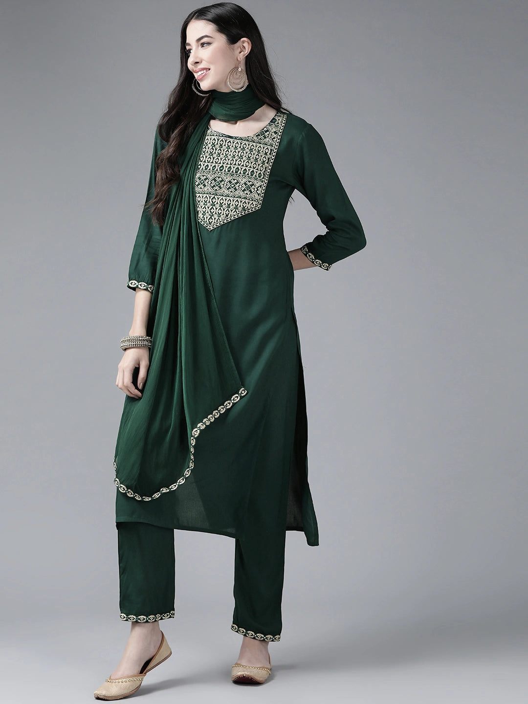 Green Yoke Design Dupatta Set-Yufta Store-2202SKDGRS