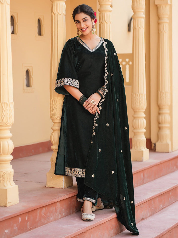 Green Zari_Work Velvet Straight Kurta Palazzo Dupatta Set-Yufta Store-1599SKDGRS